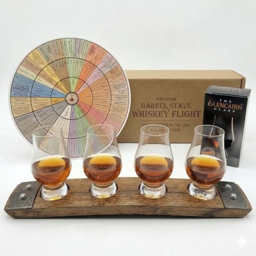 Barrel-Art Reclaimed Bourbon Barrel Stave Premium 4 Glass Whiskey Flight Serving Tray with Glencairn...