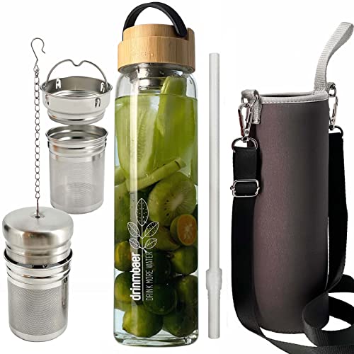 drinmoaer 1 Liter Trinkflasche Glas mit Bambus Deckel und Hülle für losen Tee, Cold Brew Coffee, Teeflasche mit Sieb to go, Glass Water Bottle 1l (Original)