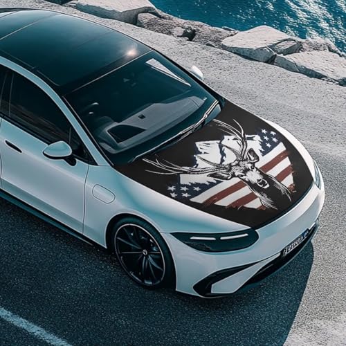 Image of Deer American Flag Car Hood Cover Polyester Elastic Fabrics Can be Washed Car Hood Cover Flag Suitable for Auto Car Truck, Van, SUV, Pickup