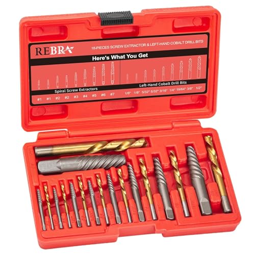 Screw Extractor Set 37# Cr-Mo & 6542 HSS Steel Cobalt Left-Hand Drill Bit Easy Out Broken Bolt Remover Reverse Ez Out Stripped Rounded-Off Damaged Bolts Screws&Studs Removal Tool (18-Pieces)