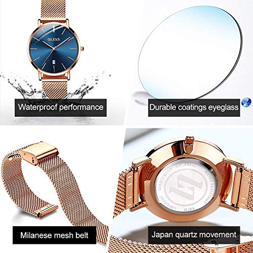 OLEVS Rose Gold Watch for Women Small Face Womens Watches for Small Wrists Blue Face Thin Watches for Womens Stainless Steel Dress Mesh Woman Watch with Date Fashion Waterproof Reloj de Mujer — view 6