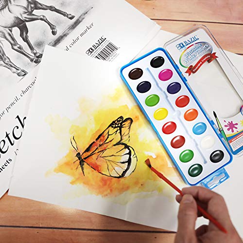 Bazic Watercolor W/Brush Semi Moist 16 Color, Non-Toxic Paint Set, Fun Art Painting, 1-Pack #TOP6