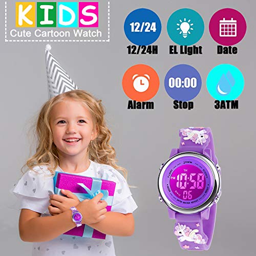 Kids Watch 3D Cartoon Toddler Wrist Digital Watch Waterproof 7 Color Lights with Alarm Stopwatch for 3-10 Year Boys Girls Little Child (Unicorn D-Purple)3