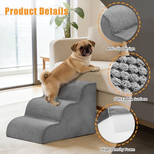 Image of NEWBULIG 3-Step Dog Stairs, 15.7 inch H Dog Steps for Sofa and Chair, Non-Slip Sturdy Pet Steps for Small Dogs and Cats, Pet Ramp for High Bed Indoor - Grey