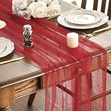 Artoid Mode 3PCS Pearl Red Gauze Table Runner 120 Inch 10FT, Seasonal Sheer Dining Holiday Wedding Birthday Baby Shower Table Decor for Home Party