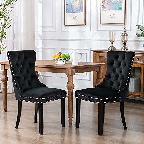 Set of 2 Velvet Upholstered Dining Chairs Soft Padded Button Tufted Wingback Chairs with Nailhead Trim and Wooden Legs,Easy Assembly(Black)