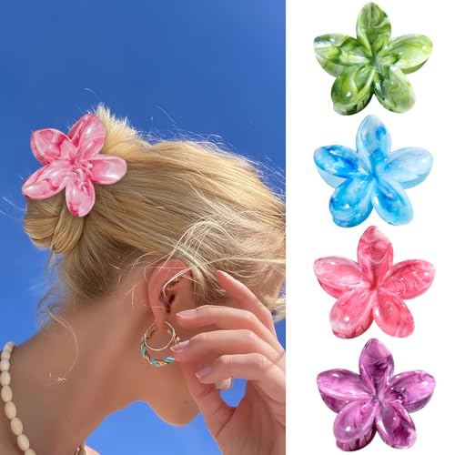 Flower Claw Clips, 4PCS Hawaiian Plumeria Flower Hair Clips, Artistic Multi Color Smudge Pattern Barrettes, Beach Tropical Hair Accessories for Women