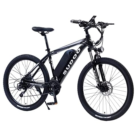 SUDOO Electric Mountain Bike - 26'' Electric Bicycle with 36V 13AH Removable Lithium Battery, LED Display, 27 Speed Transmission Gears Double Disc Brakes for Adults Mens Women, Black Cover