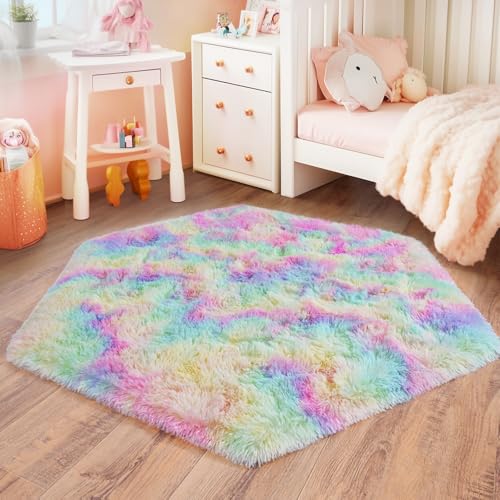 4x4.6 Feet Rainbow Hexagon Rugs for Princess Tent, Ultra Soft Fluffy Hexagon Area Rug for Bedroom, Cute Shag Rugs for Girls Room, Fuzzy Plush Carpet for Kids Room Tent Castle Home Decor