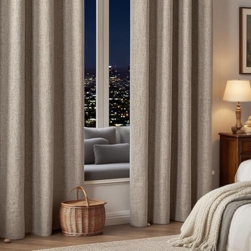 IGEMAEVE Linen Blackout Curtains 84 Inch Length 2 Panels Set,100% Black Out Curtains for Bedroom...