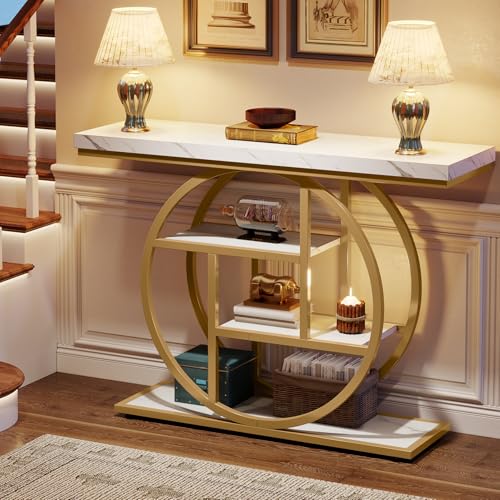 Tribesigns 41.3" Console Table, Industrial 4-Tier Sofa Entryway Table with Circle Base, Narrow Wood Accent Tables with Storage Shelves for Living Room, Hallway, Foyer, White Gold