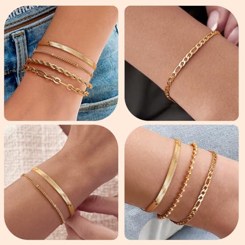 Image of SANNIDHI Bracelets for Women, Pack of 10 Chic Gold Silver Alloy Layered Bracelets Set Ladies Slim Link Bracelet for Woman Wrist Jewelry Gift