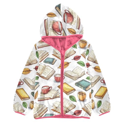 Colorful Books and Coffee Girls Fleece Jacket Girls Fall Jacket Girl Coats Zip Up Hoodie Children Sherpa Warm Outerwear 2-10T