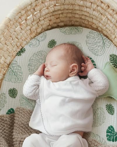 Image of Blissful Diary Muslin Bassinet Sheets, 2 Pack, Monstera & Dark Green | fitted for bassinet mattress, soft and breathable cotton, boho style, easy care for machine wash, gift for boy and girl