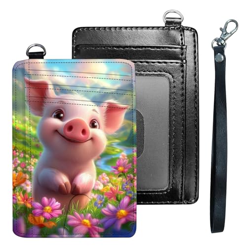 Rfid Blocking Slim Wallet for Women & Girls–PU Leather Card Holder with ID Window,Ultra-Thin Travel Wristlet Organizer Secure Credit Card Wallet,Pink Pig and Flowers