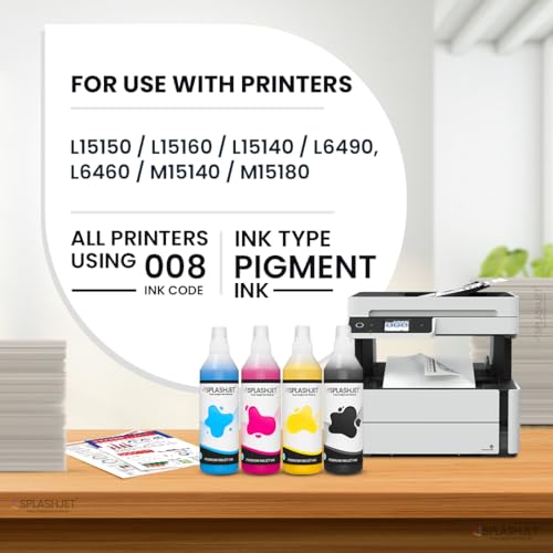 Image of Splashjet 008 Compatible Pigment Ink for Epson L15150, L15160, L6460, L6550, L6570, L6580, M15140, M15180 Printer - Ink Bottle for Epson 008 Ink Code - (500 gm x 1 Black) Ink Bottle - 506036