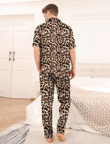 Image of SWOMOG Mens Satin Pajama Set Short Sleeve Classic Sleepwear Button Down Silky Loungewear with Long Pants