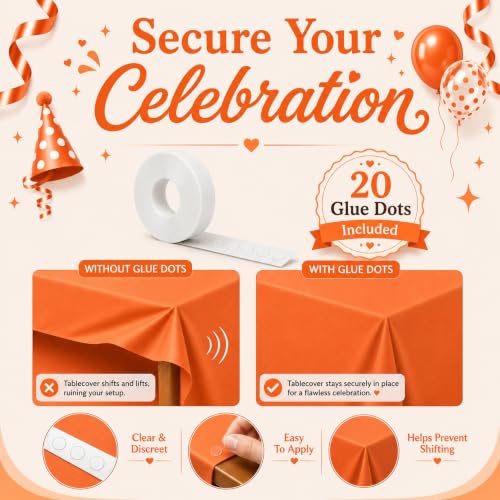 Image of Blue Orchards Orange Plastic Table Cover (Pack of 3 with 20 Glue dots) - 54 inch x 108 inch - Waterproof & Disposable Tablecloth for Halloween, Autumn Decoration, Thanksgiving, Birthday Party Supplies