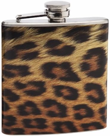 6oz Hip Flask - Leopard Pattern Print Design - Pocket Size, Stainless Steel, Leak Proof, Screw-On Cap - Brown and Black Wrapped Vinyl Finish