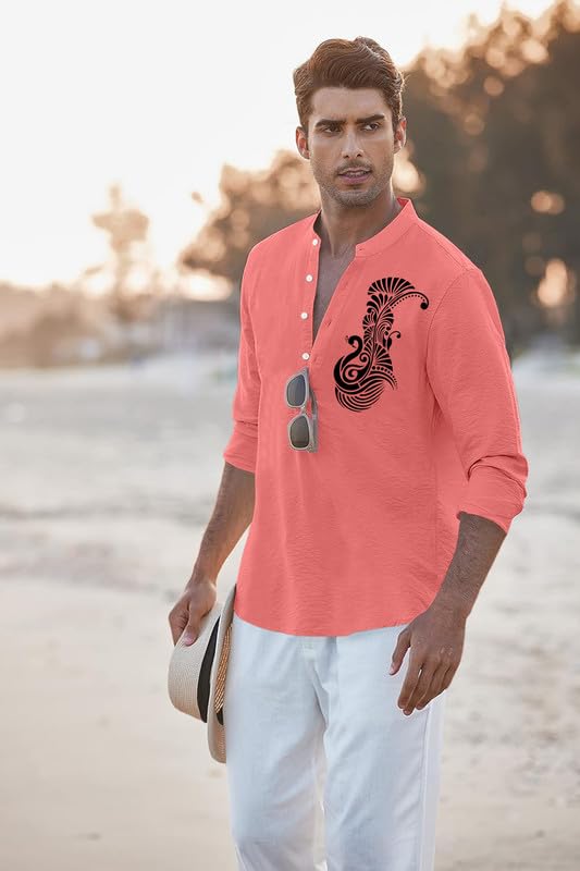 Image of FINIVO FASHION Men's Printed Cotton Blend Short Kurta with Artistic Chest Design | Stylish Full Sleeve Casual Kurta with Mandarin Collar for Daily, Travel Soft Textured