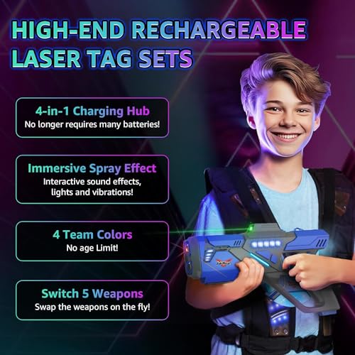Image of Rechargeable Laser Tag Set with Vests, Upgrade Laser Tag Guns Set of 4 with Mist Spray Effect & LED Digital, Multi Player Laser Tag Set for Kids Toy for Teen Boys & Girls, Ages 8+