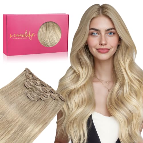 WENNALIFE Clip in Hair Extensions Real Human Hair, 16 Inch 120g 7pcs Balayage Dirty Blonde to White Blonde Remy Hair Natural Double Weft