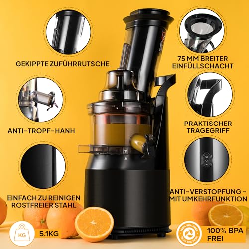Entsafter Gemüse und Obst – Fruchtsaftpresse Elektrisch Slow Juicer – Saftpresse Kaltpresse für ganze Früchte mit 75mm Öffnung, Edelstahl Sockel, 240W, Spülmaschinenfest, BPA-Frei, Schwarz – Bild 4
