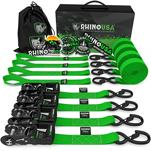 Rhino USA Ratchet Straps Tie Down Kit, 5,208 Break Strength - Includes (4) Heavy Duty 1.6" x 8' Rachet Tiedowns with Padded Handles & Coated Chromoly S Hooks + (4) Soft Loop Tie-Downs (Green 4-Pack)