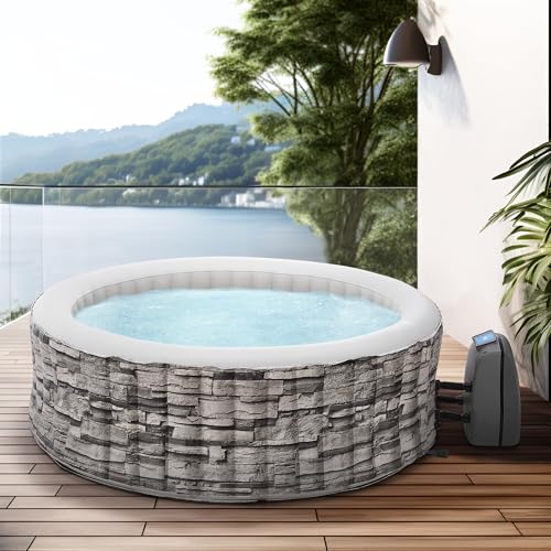 pro.tec Whirlpool aufblasbar Carosino für 6 Personen Outdoor Spa Massagebad 140 Massagedüsen Pool mit Pumpe und Filter 204 x 70 cm beheizt Gartenpool rund Steinoptik