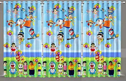 Image of 3D Digital Printed Heavy Fabric Doremon Cartoon Curtains for Kids Room, Girls Room Window, Door, Home, 4x7 feet Long Set of 3 Pc, Pink