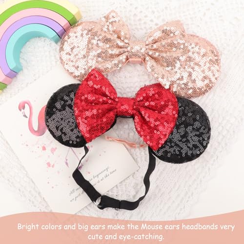 Image of DRESHOW Minnie Ears Headbands Mouse Ears Sequin Bow Headbands Elastic Adjustable Headband Glitter Party Decoration Cosplay Costume for Women