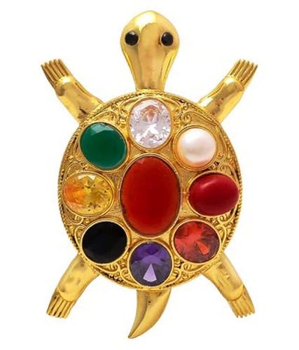 Navratna Gem Stone Religious Tortoise Turtle Tabletop Kachua Golden Fengshui Statue Symbols for Good Luck Decorative Showpiece -