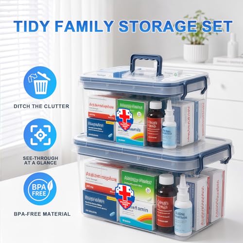 Image of 2 Pack Clear Medicine Organizer Box with Handle, Plastic Medicine Container with Tray First Aid Box Empty, Thickened Medicine Storage Organizer Multipurpose Medication Organizer Storage, Blue