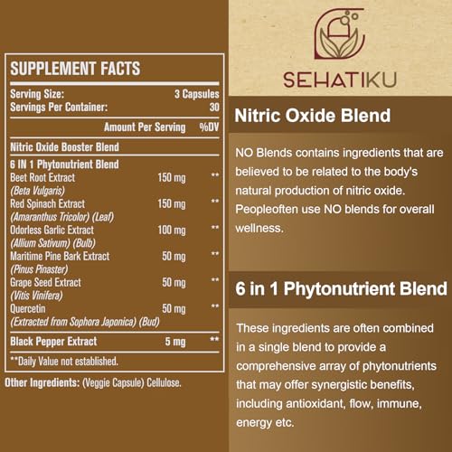 Image of SehatiKu Nitric Oxide Supplement, Nitric Oxide Booster & 6-in-1 Phytonutrient Blend for Heart, Flow, Immune - 90 Capsules (1 Bottle)