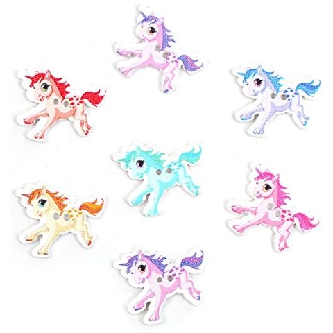 The Bead and Button Box - 6 pretty unicorn wooden buttons. Random mix of colours. 33 x 28mm. Ideal for sewing and craft accessories Cover