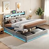 【Iluminación LED y estación de carga】: el cabecero de la cama tapizada está equipado con iluminación LED y una práctica estación de carga (USB y tipo C). Los colores, el brillo, el temporizador y el modo de música se pueden ajustar individualmente, por lo que su cama doble será el punto culminante con un ambiente acogedor.