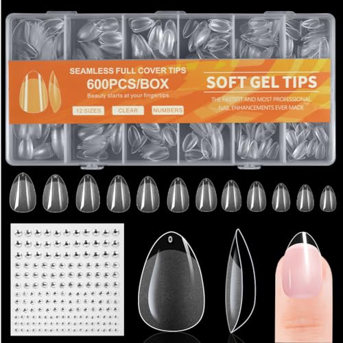 BUTBU 600 Piezas Uñas Postizas Almendra, 12 Tamaños Tips Uñas Transparentes, Tips Uñas Cortas, Uñas de Gel Nail Tips Cobertura Total para Salones Uñas, Manicuras DIY