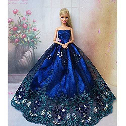 Icollect 1 Pcs Embroidery Wedding Party Gown Dresses & Clothes For Barbie Doll- Blue #TOP2