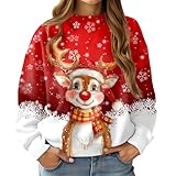 RAISEVERN Weihnachtspullover Rentier Christmas Sweater Mädchen Damen 3D Druck Frau Lustige Coole Weihnachtspulli Schneeflocke Hässliche Party Geschenk, Rot Weiß, M