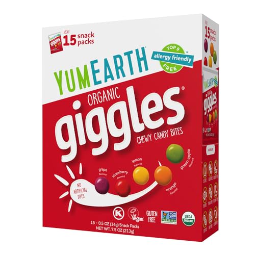 YumEarth Organic Giggles Chewy Candy – Allergy Friendly, No Artificial Dyes, Non GMO, Gluten Free, Fruit Flavored, Vegan Candy Snacks 0.5 oz (Box of 15)