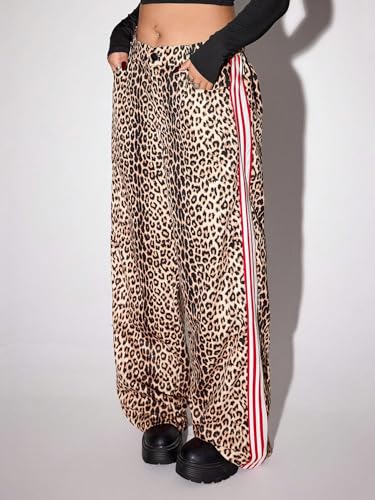 WDIRARA Women's Plus Size Leopard Print Baggy Pants High Rise Elastic Waist Side Strip Trousers3