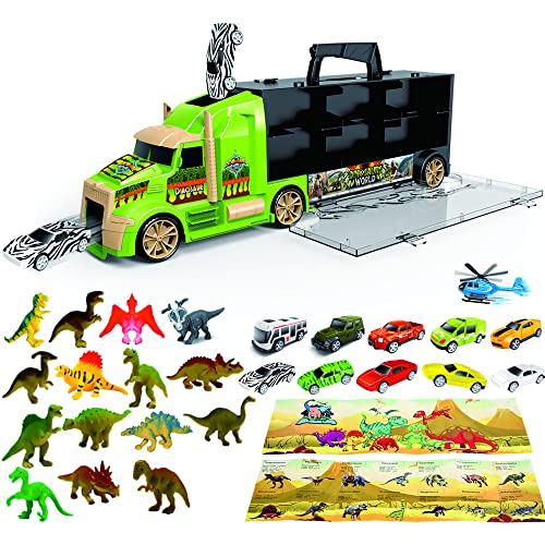flashbluer Dinosaur Toys Truck with 15 Dinosaurs, 5 Metal and 5 Plastic Die-Cast Cars and 1 Helicopter and Dinosaurs Book for 3-12 Years Old Boys and Girls