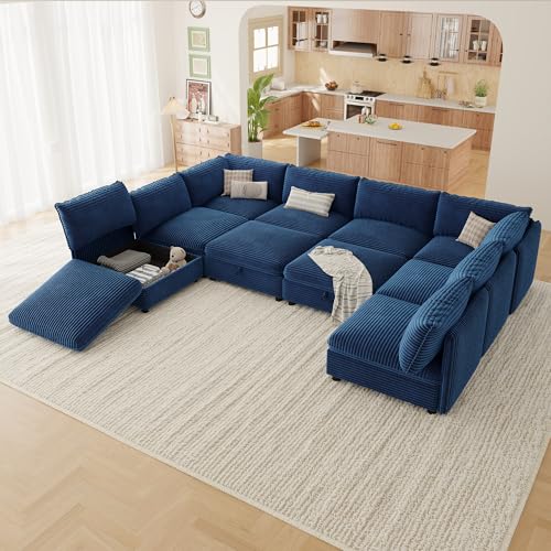 Image of Oversized Corduroy Modular Sectional Sofa Bed with Hidden Storage, Convertible L U Sleeper Couch, 10-Seat Modular Sofa Free Combination with Ottoman & Removable Covers for Living Room, Blue