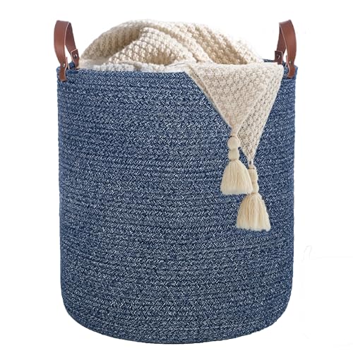 Image of Caroeas 80L Extra Large Laundry Basket with Handles, Cotton Rope Woven Blanket Basket, Tall Rope Laundry Hamper, XXXL Decorative Storage Baskets for Blanket, Clothes, Toys, 16'' x 20'', Navy Blue