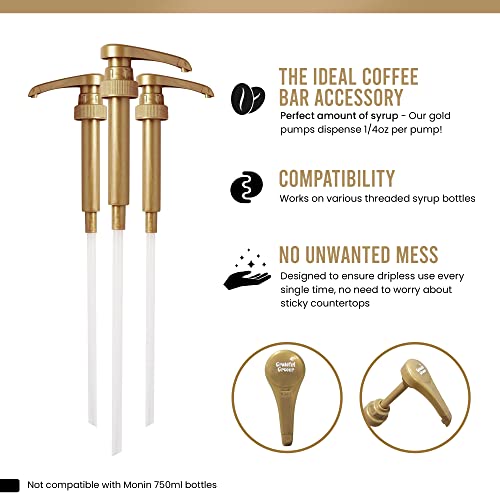 Grateful Grocer 3 Pack Gold Syrup Pump Set - Torani Syrup Pump Dispenser Fits 750Ml Davinci, Skinny Syrups & 1L Monin, Starbucks Pump For Coffee Syrup Bottle - Coffee Syrup Pump For Home & Coffee Bars #TOP1