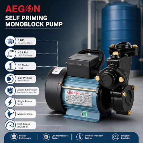 Image of AEGON 1HP Self Priming Monoblock Water Pump | 220V Single Phase Pump for Home, Garden & Farm Use | 45 LPM Flow Rate | 2725 RPM | Cast Iron Body with Brass Impeller | 6-Month Warranty