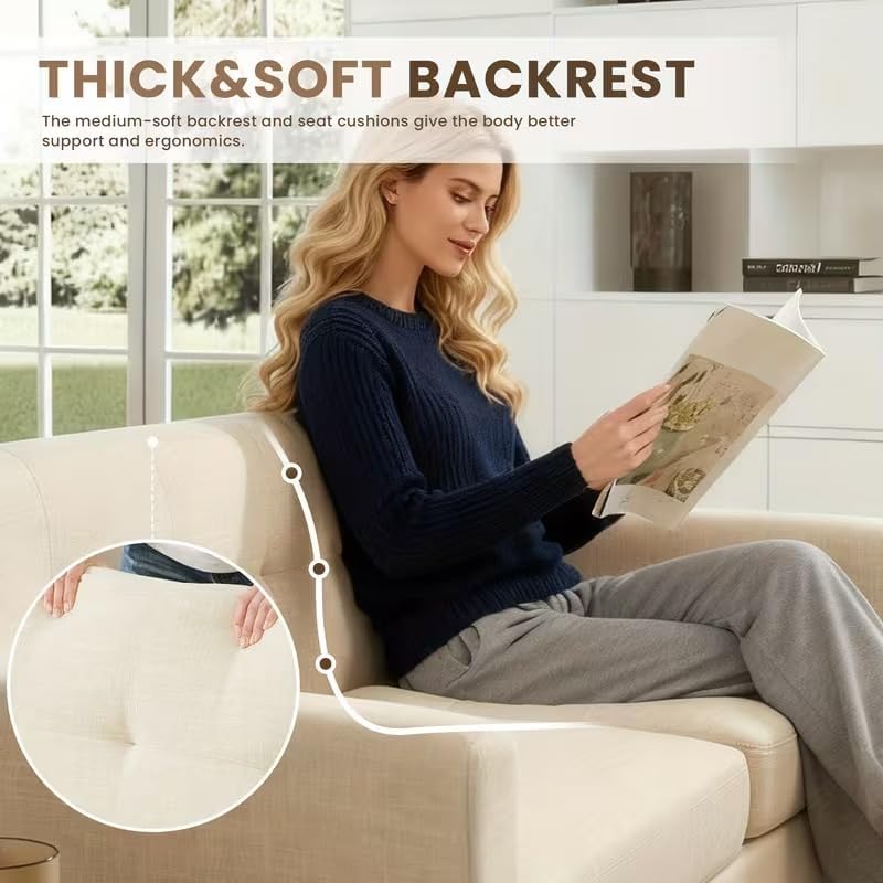 Mid-Century Modern Loveseat Sofa, Beige Linen Upholstery, Button Tufted Back, Wooden Legs, 6.3 Inch Clearance