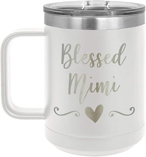 BLESSED MIMI Blanco 15 oz Taza de café wtapa deslizante  Taza de café de viaje aislada  Ideas de regalos de cumpleaños o Navidad de mujeres u