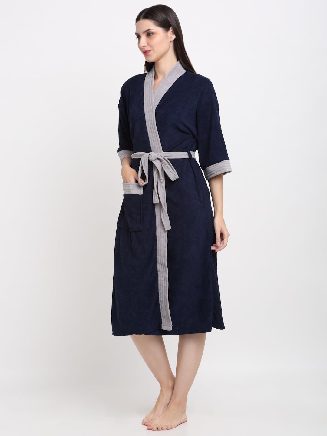 CREEVA Everyday Unisex Micro Terry Bathrobe Collection With kimono collar and 1 Pocket, 3/4 Sleeve Bath Robe Super Soft Light Weight - Navy & Grey - Image 2 thumbnail
