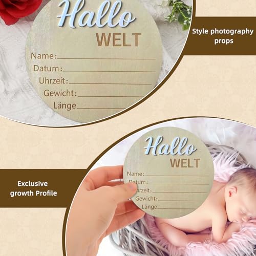 Image of Baby Announcement Sign, 5.9 Inch Wooden Hello World Newborn Signs, inchHallo Welt inch Decoration, Birth Announcement Sign, Welcome Newborn Arrival to World, Hospital Nursery for baby